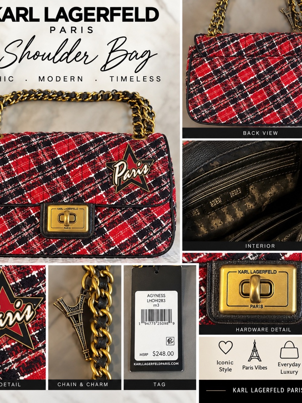 Karl Lagerfeld Red Black Plaid Shoulder Bag with Gold Hardware
